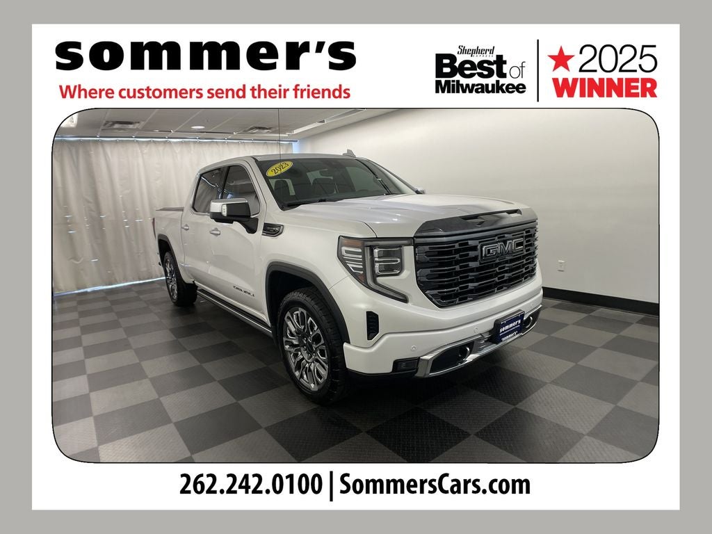 2023 GMC Sierra 1500 Denali Ultimate in White Frost Tricoat — front three-quarter view