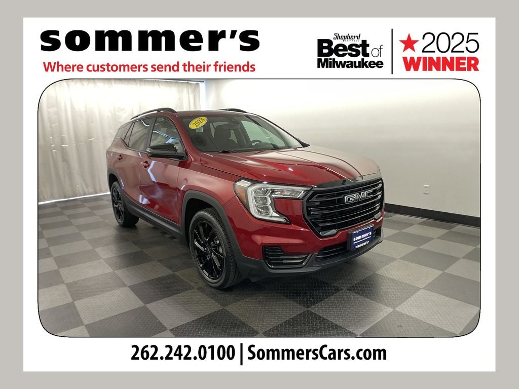 2023 GMC Terrain SLE in Volcanic Red Tintcoat — front three-quarter view