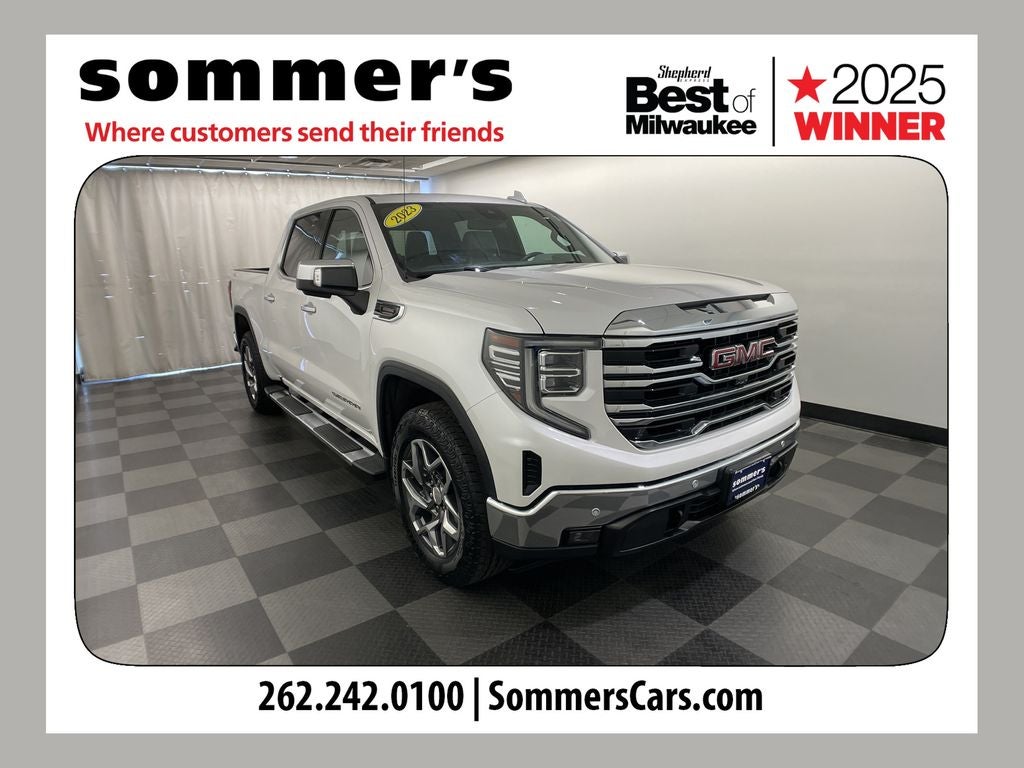 2023 GMC Sierra 1500 SLT in White Frost Tricoat — front three-quarter view