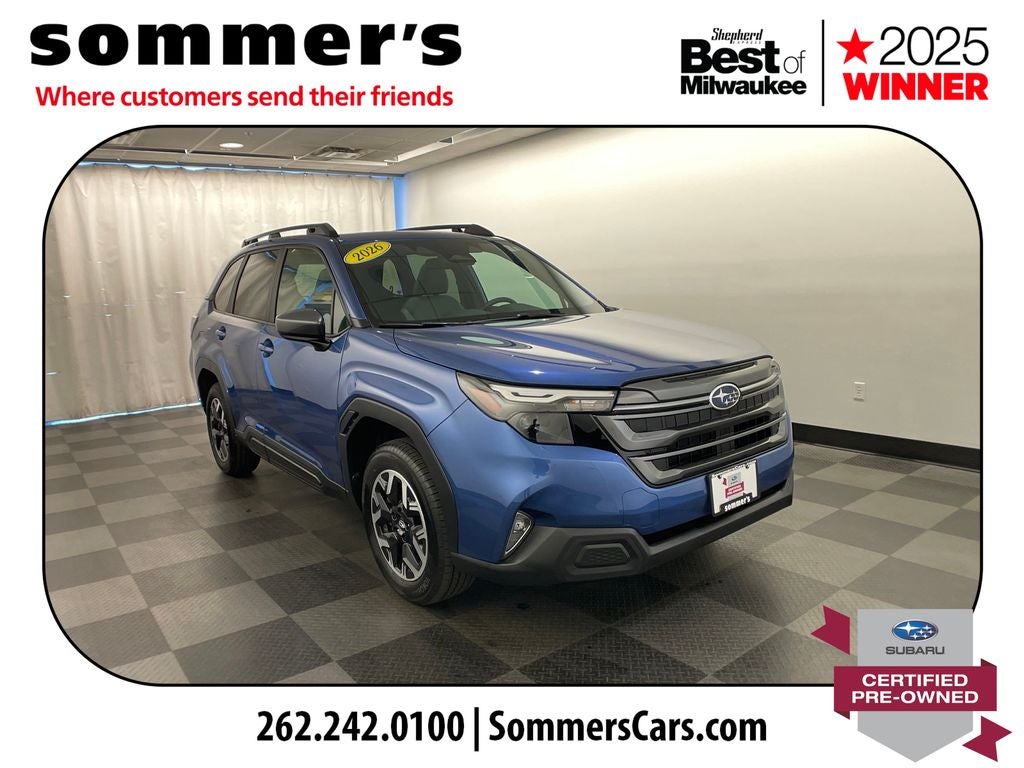 2026 Subaru Forester Premium in Daybreak Blue Pearl — front three-quarter view