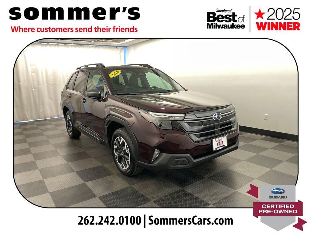 2026 Subaru Forester Premium in Dark Mahogany Pearl — front three-quarter view