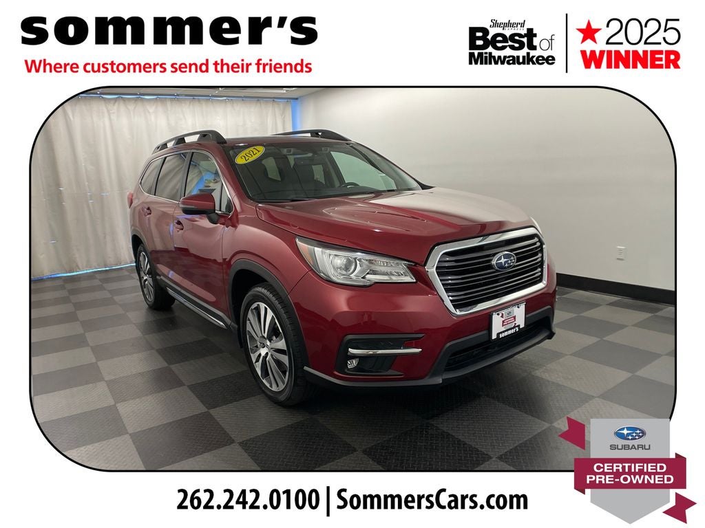 2021 Subaru Ascent Limited in Crimson Red Pearl — front three-quarter view