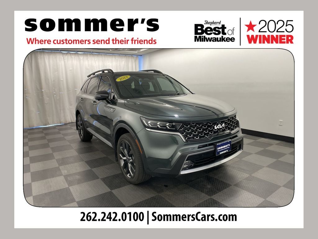 2023 Kia Sorento X-Line SX Prestige in Aruba Green — front three-quarter view