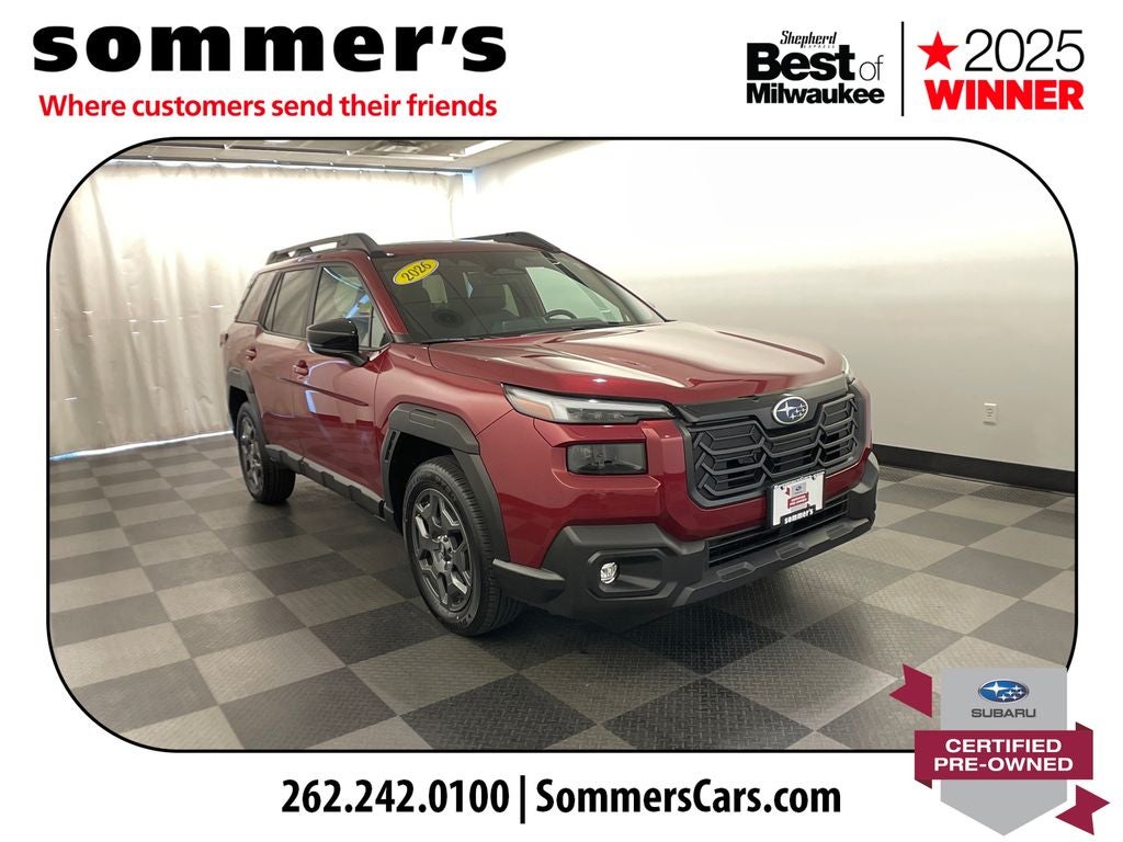2026 Subaru Outback Premium in Crimson Red Pearl — front three-quarter view