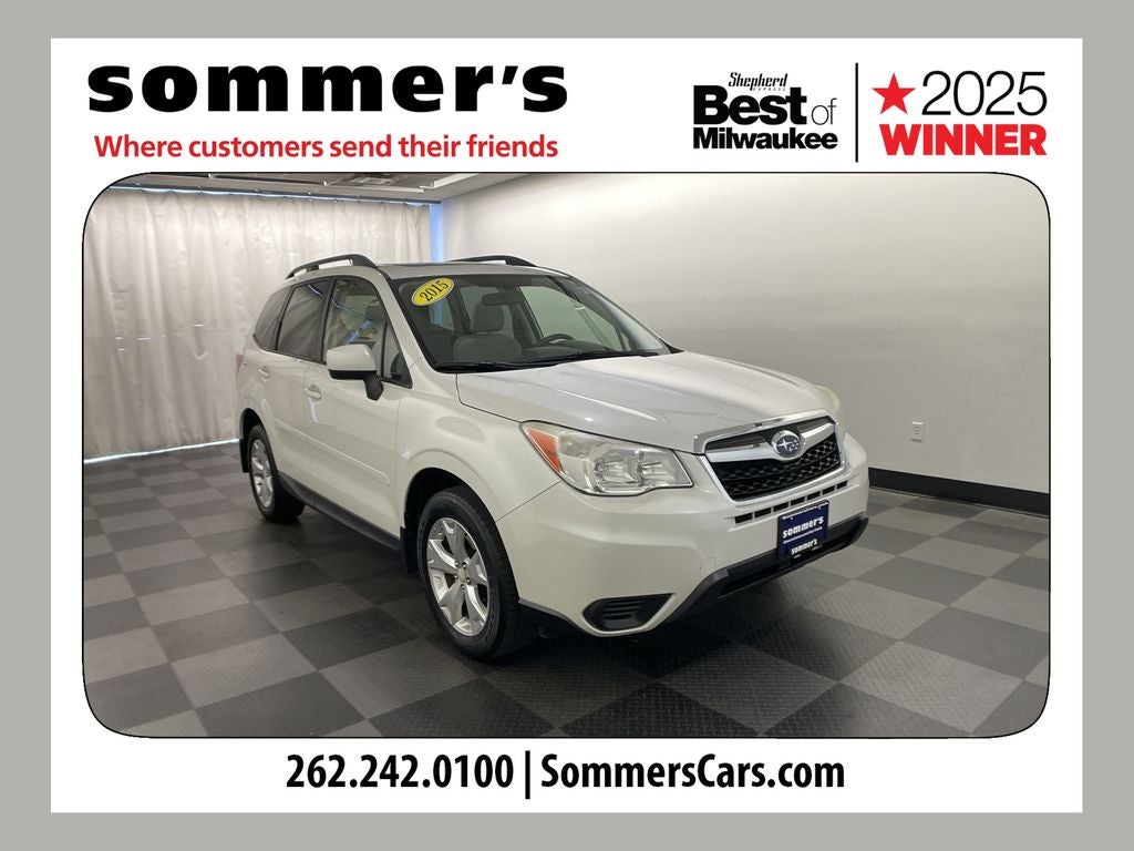 2015 Subaru Forester 2.5i Premium in Satin White Pearl — front three-quarter view