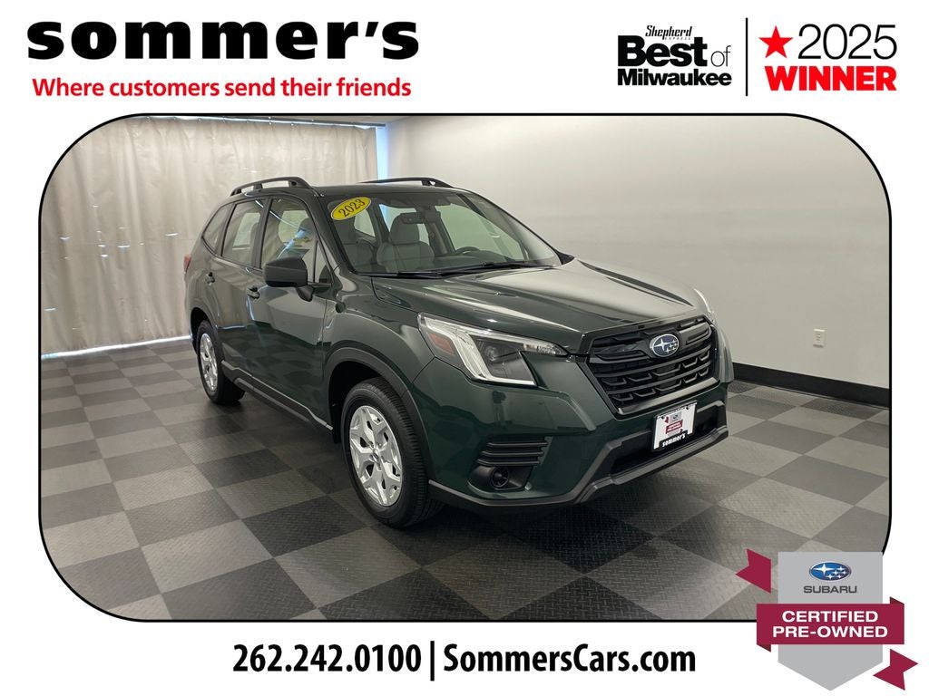 2023 Subaru Forester Base in Cascade Green Silica — front three-quarter view