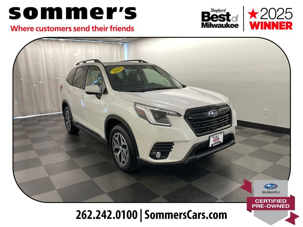 2024 Subaru Forester Premium in Crystal White Pearl — front three-quarter view