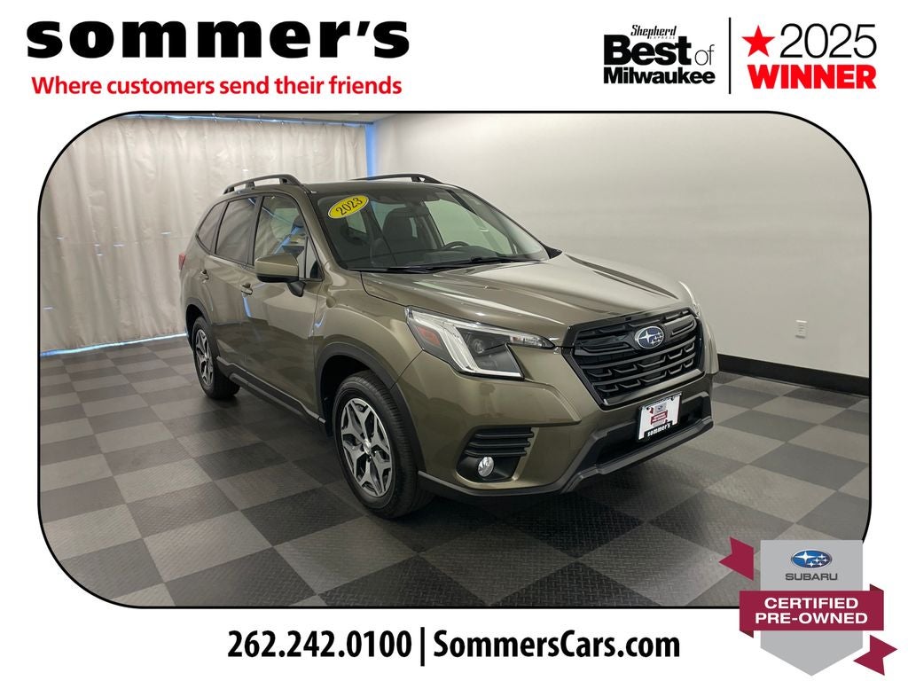 2023 Subaru Forester Premium in Autumn Green Metallic — front three-quarter view