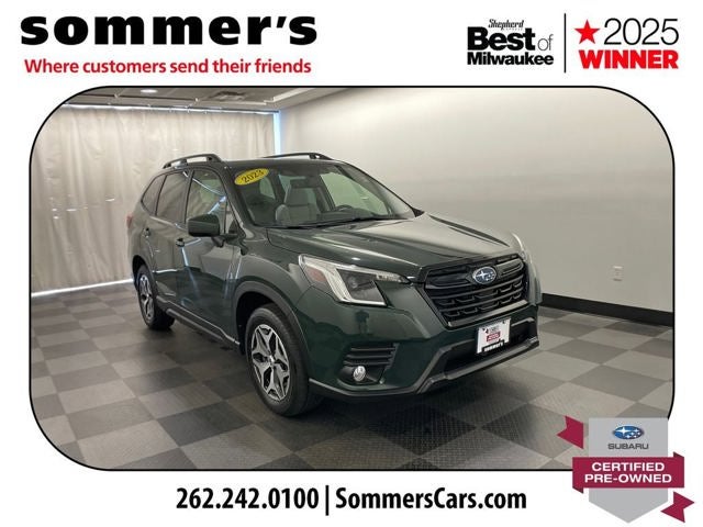 2023 Subaru Forester Premium in Cascade Green Silica — front three-quarter view