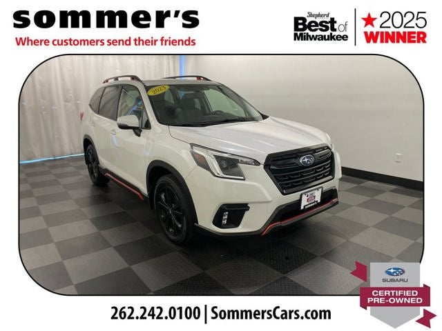 2023 Subaru Forester Sport in Crystal White Pearl — front three-quarter view