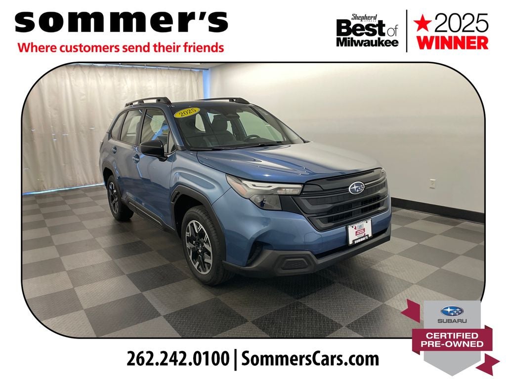 2025 Subaru Forester Base in Horizon Blue Pearl — front three-quarter view