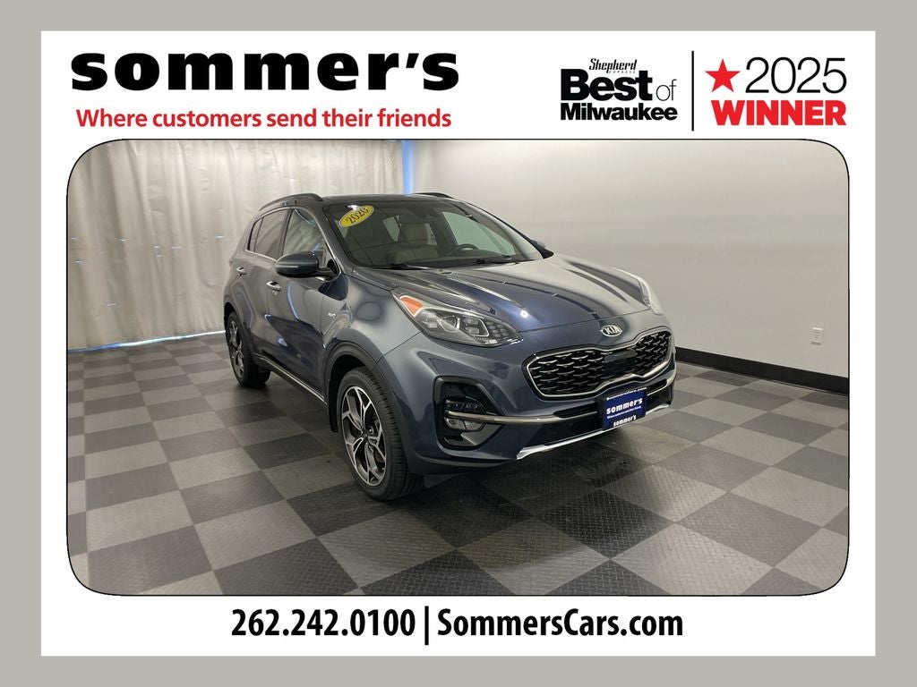 2020 Kia Sportage SX in Pacific Blue — front three-quarter view