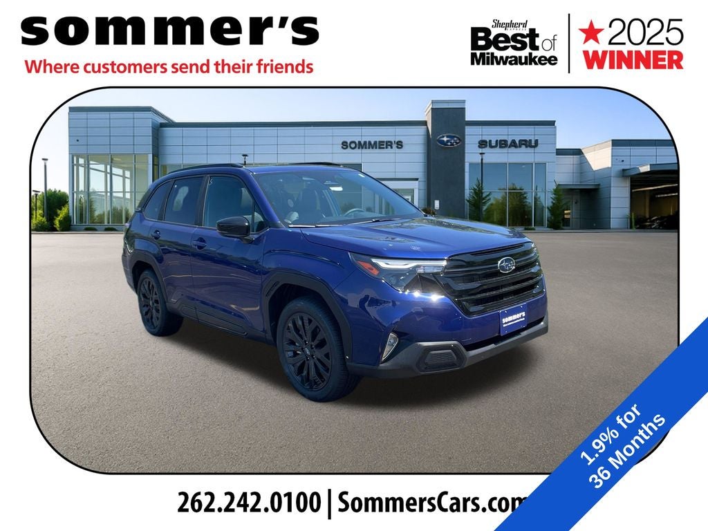 2026 Subaru FORESTER Sport Onyx Edition in Sapphire Blue Pearl — front three-quarter view