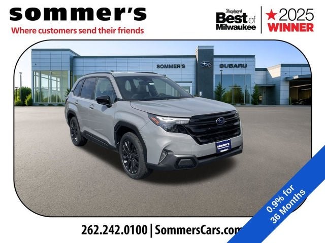 2026 Subaru FORESTER Sport Onyx Edition in River Rock Pearl — front three-quarter view