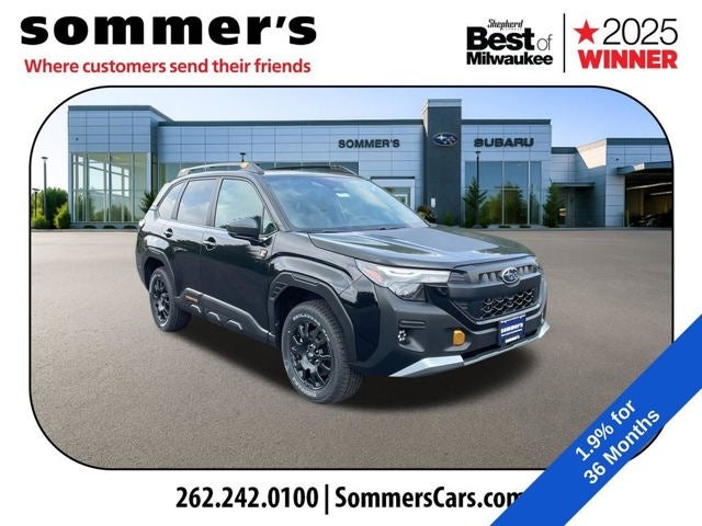 2026 Subaru FORESTER Wilderness in Crystal Black Silica — front three-quarter view