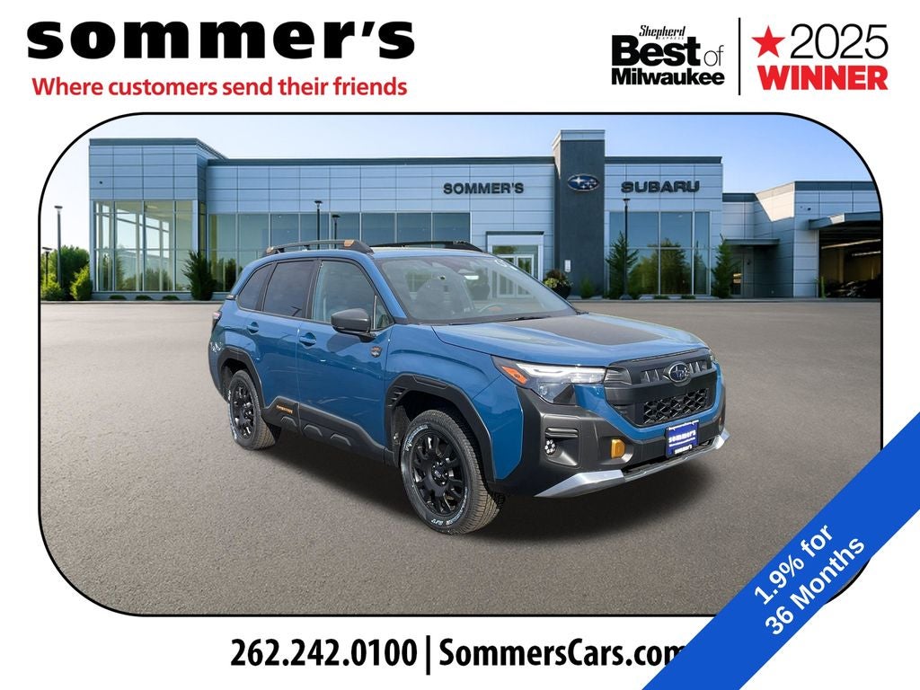 2026 Subaru FORESTER Wilderness in Geyser Blue — front three-quarter view