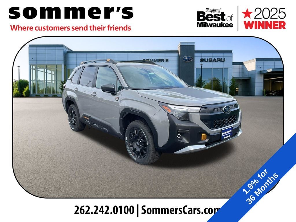 2026 Subaru FORESTER Wilderness in River Rock Pearl — front three-quarter view