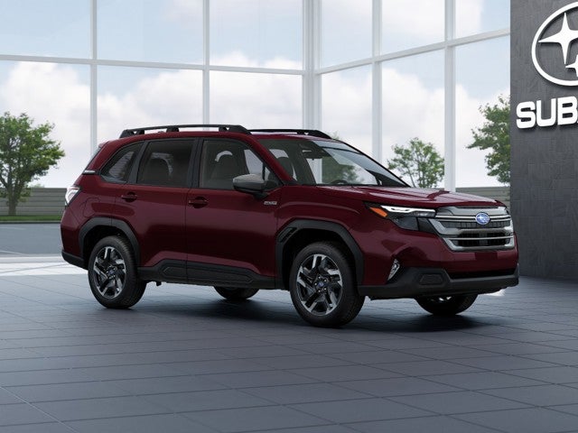2026 Subaru FORESTER Premium Hybrid in Dark Mahogany Pearl — front three-quarter view