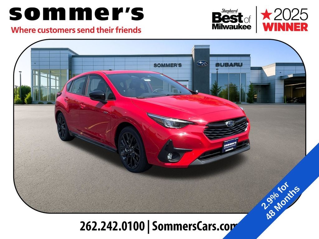 2026 Subaru IMPREZA RS in Pure Red — front three-quarter view