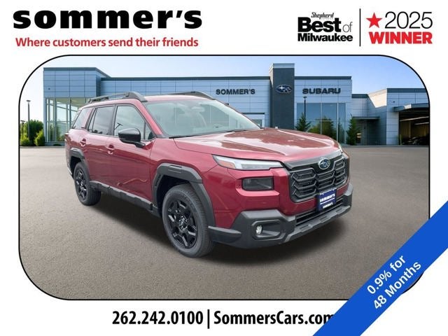2026 Subaru OUTBACK Limited in Crimson Red Pearl — front three-quarter view