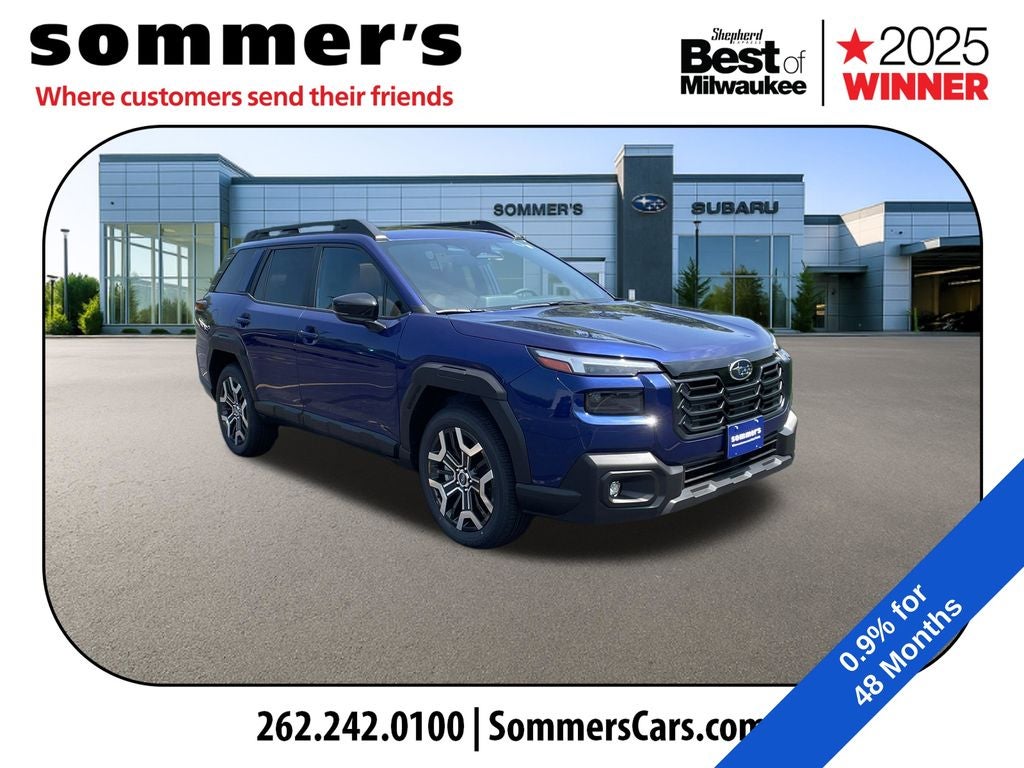 2026 Subaru OUTBACK Touring XT in Sapphire Blue Pearl — front three-quarter view