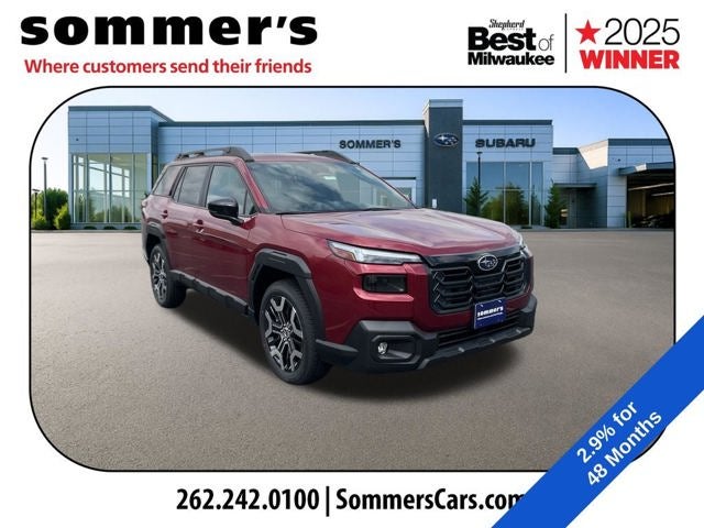 2026 Subaru OUTBACK Touring XT in Crimson Red Pearl — front three-quarter view
