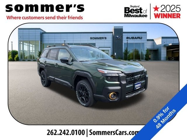 2026 Subaru OUTBACK Wilderness in Deep Emerald Green Pearl — front three-quarter view